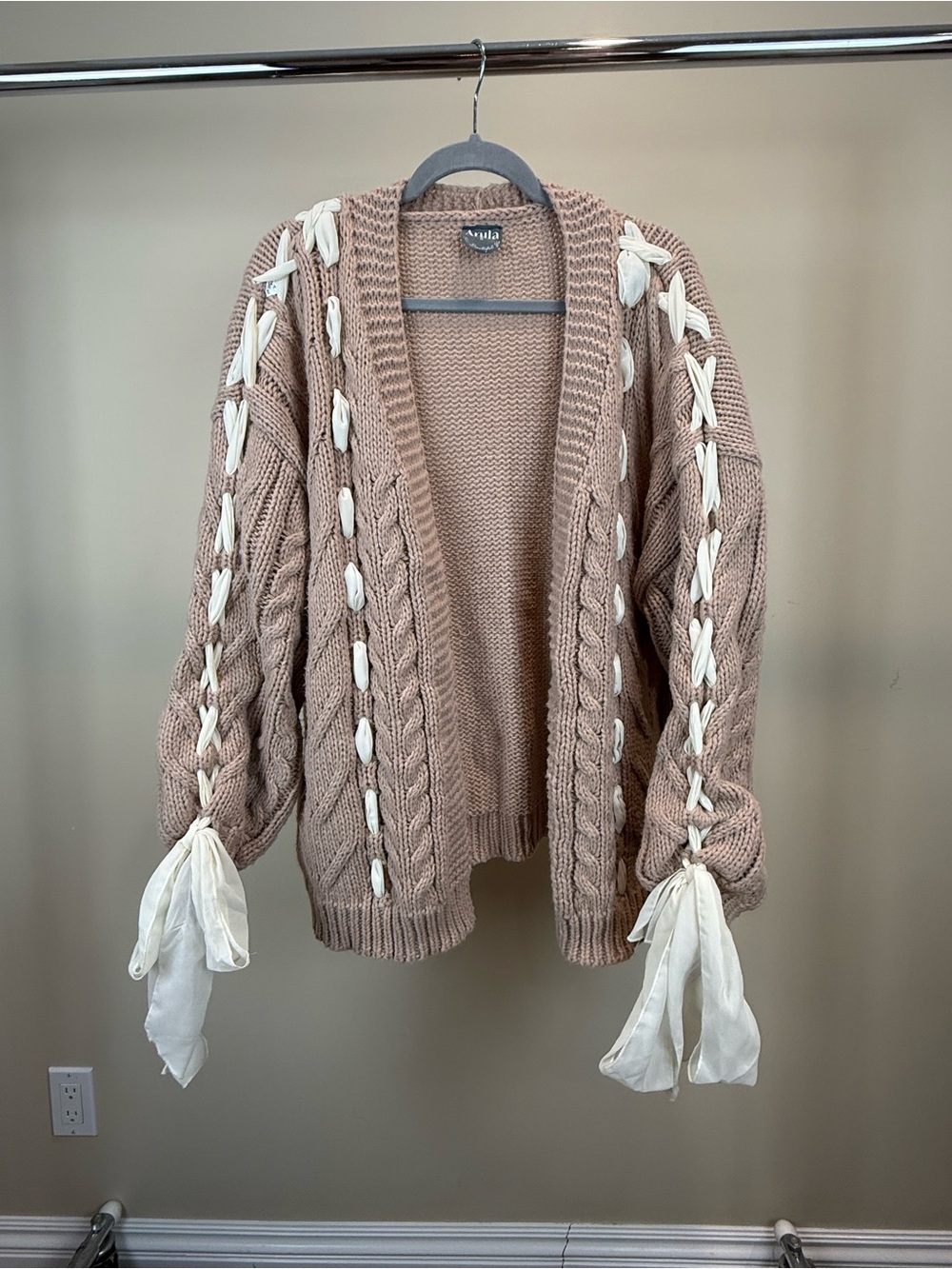 ARULA Cream-Taupe Cable Knit Cardigan with Ribbon Detail